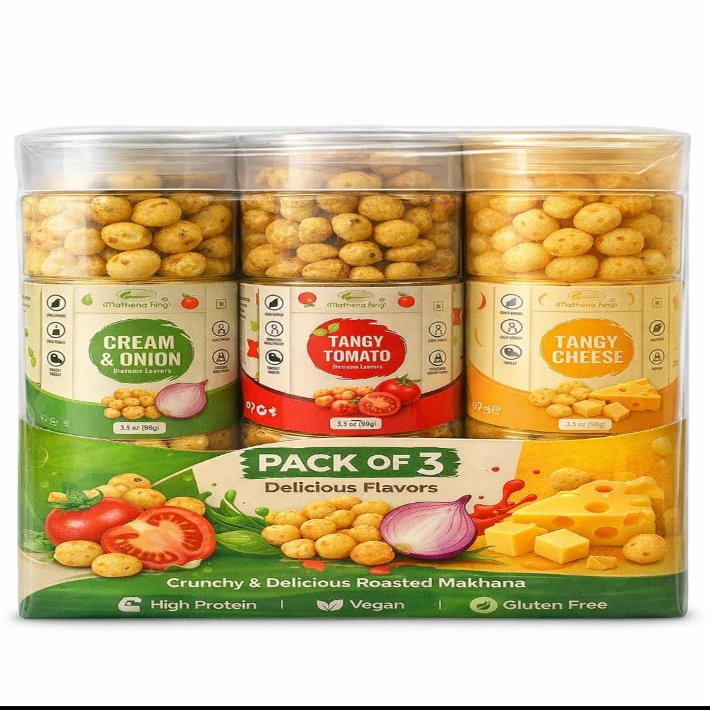 Roasted Makhana Pack of 3 | Cream & Onion, Tangy Tomato & Tangy Cheese | Healthy Fox Nuts Snack | High Protein & Fiber | Gluten-Free, Vegan, Low Calorie