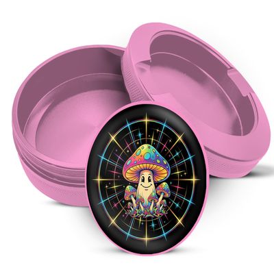 PocketVault Trippy Rainbow Mushroom Crew Aluminum Pouch Tin for Women | Dual-Compartment Screw-Top Can, Purse-Ready Pocket Organizer, Compact & Stylish Everyday Carry Pink