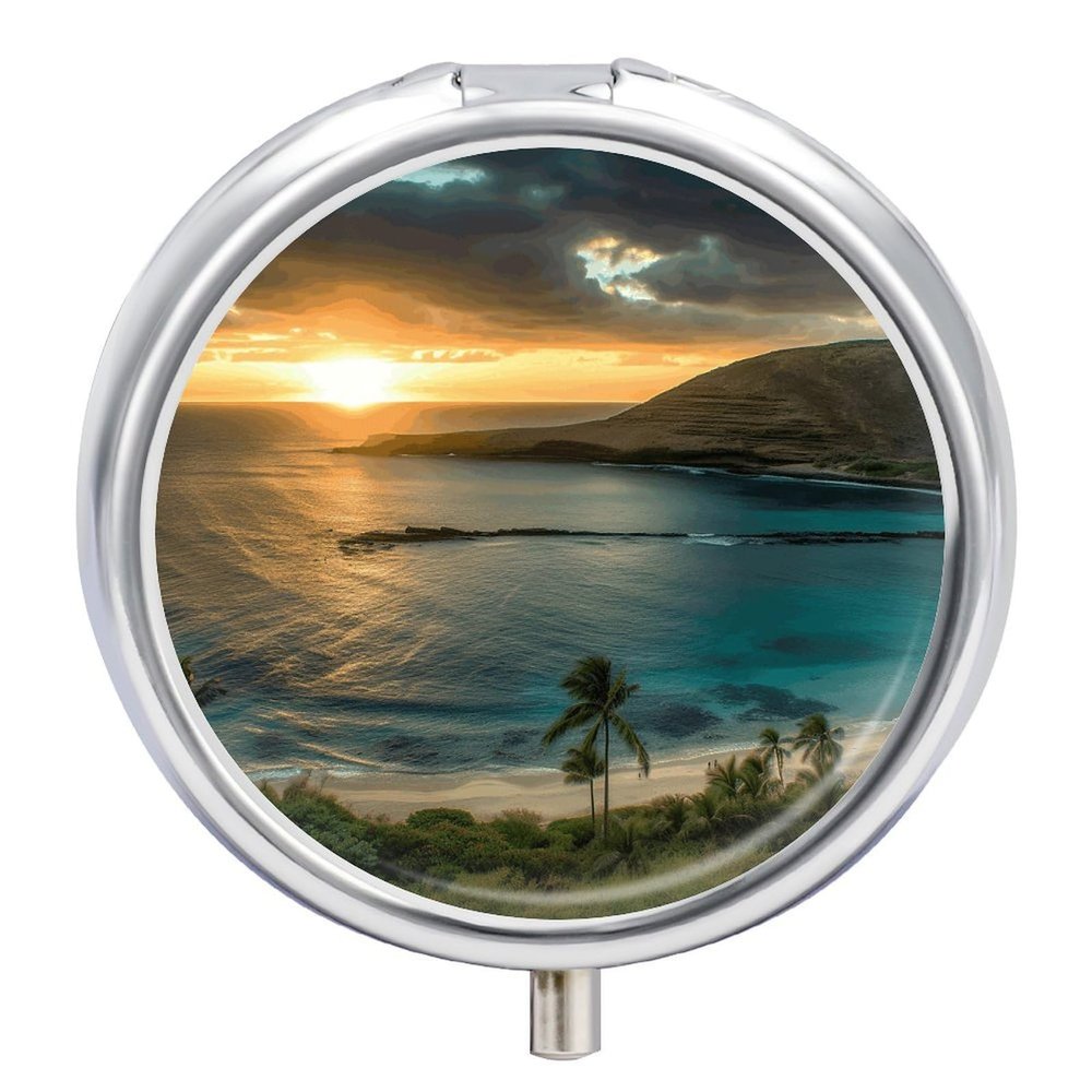 Sunrise Over Hanauma Bay Oahu Hawaii Pill Box 3 Compartments Portable Pill Box for Purse Pocket Compact Mini Travel Pill Case Vitamin Organizer Pocket Pill Case Medicine Organizer