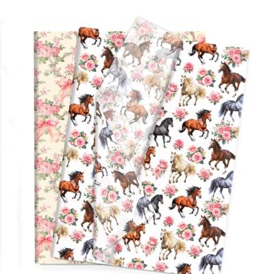 100sheets Pink Rose and Horse Tissue Paper Floral and Horse Pattern Gift Wrapping Tissue DIY Art Craft Wrap Paper for Birthday Wedding Baby Shower Party Decorations (2 Designs)