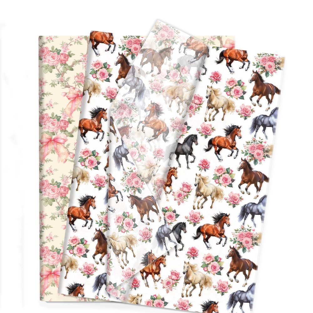 100sheets Pink Rose and Horse Tissue Paper Floral and Horse Pattern Gift Wrapping Tissue DIY Art Craft Wrap Paper for Birthday Wedding Baby Shower Party Decorations (2 Designs)