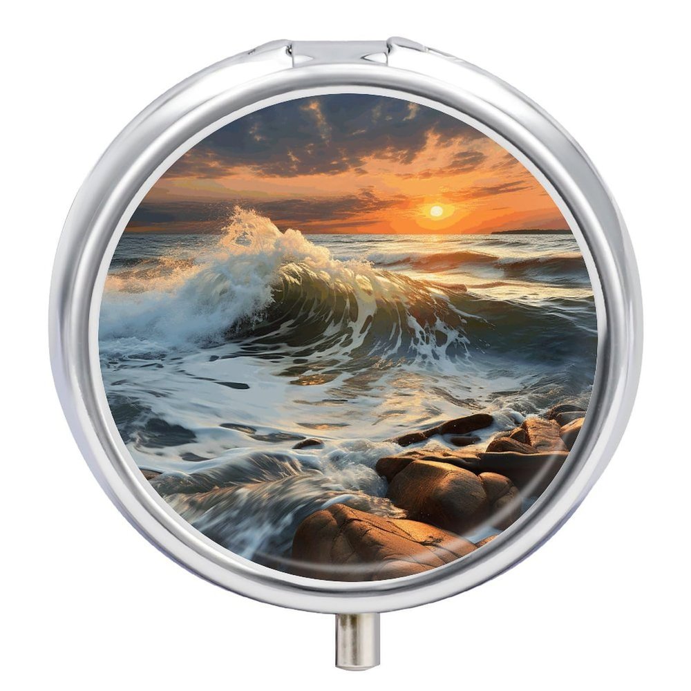 Rocky Wave Sunset Painting Pill Box 3 Compartments Portable Pill Box for Purse Pocket Compact Mini Travel Pill Case Vitamin Organizer Pocket Pill Case Medicine Organizer