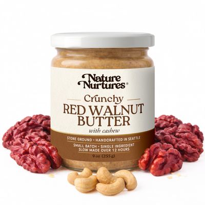 Crunchy Red Walnut Butter with Cashew Only Red Walnuts & Cashews Raw Stone Ground Slowly Made Over 12 Hours Small Batch Sourced Once a Year Handcrafted in Seattle USA For Toast, Oatmeal, Baking & Texture-Rich Smoothies High Protein