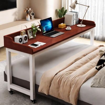 Over Bed Table with Wheels, King Size Over The Bed Desk with Baffle Portable Mobile Laptop Cart Wood Standing Office Desk Computer Tables for Bedroom Work,(B2,3.94x1.64x2.62ft)