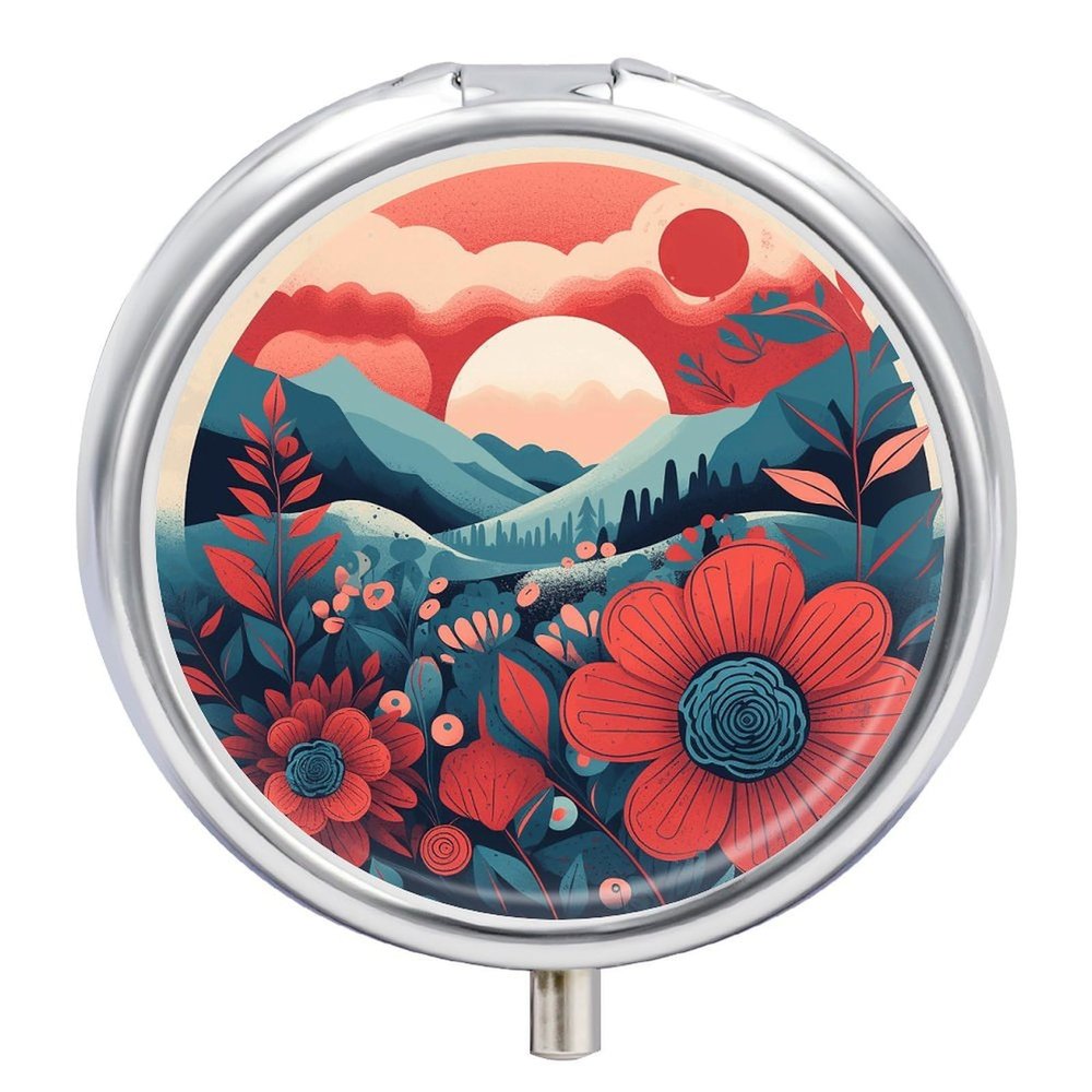 Sunrise and Flowers Pill Box 3 Compartments Portable Pill Box for Purse Pocket Compact Mini Travel Pill Case Vitamin Organizer Pocket Pill Case Medicine Organizer
