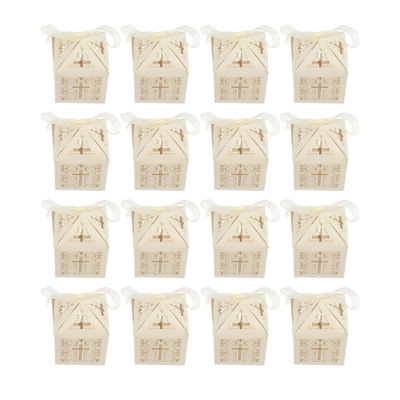 Adorainbow 20pcs Christian Cross Candy Boxes with Ribbon, Ivory Paper Hollow Cross Favor Boxes for Wedding Supplies and Religious Party Packaging