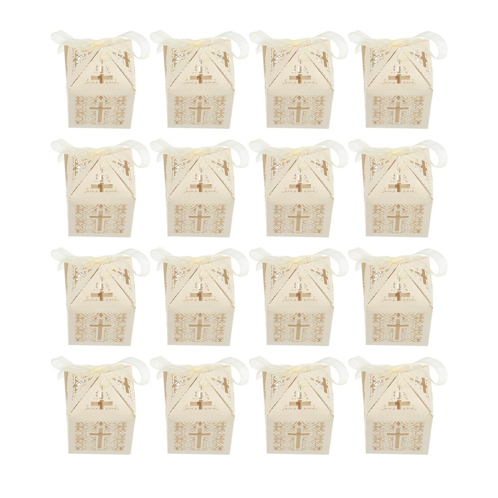 Adorainbow 20pcs Christian Cross Candy Boxes with Ribbon, Ivory Paper Hollow Cross Favor Boxes for Wedding Supplies and Religious Party Packaging
