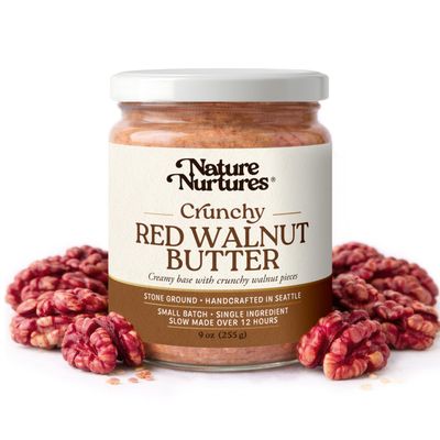 Crunchy Red Walnut Butter Single Ingredient Raw Stone Ground Slowly Made Over 12 Hours Small Batch Sourced Once a Year Handcrafted in Seattle USA For Toast, Oatmeal, Baking & Texture-Rich Smoothies High Protein No Added Sugar No