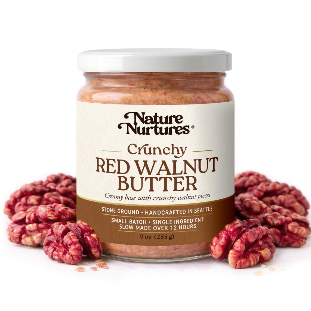 Crunchy Red Walnut Butter Single Ingredient Raw Stone Ground Slowly Made Over 12 Hours Small Batch Sourced Once a Year Handcrafted in Seattle USA For Toast, Oatmeal, Baking & Texture-Rich Smoothies High Protein No Added Sugar No