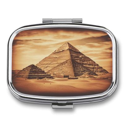 Vintage Great Egyptian Pyramid Pill Case 2 Compartments Small Pill Box with Mirror Square Medicine Travel Pill Organizer Pocket Purse Medicine Vitamin Organizer for Fish Oil, Supplements