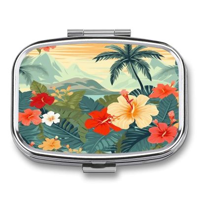 Summer Hawaiian Pill Case 2 Compartments Small Pill Box with Mirror Square Medicine Travel Pill Organizer Pocket Purse Medicine Vitamin Organizer for Fish Oil, Supplements