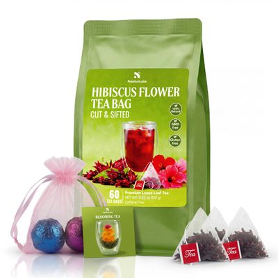 Hibiscus Tea Bags 60 Count with 2 Blooming Teas, Premium Hibiscus Flower Tea, Caffeine Free Herbal Tea, Tart & Refreshing Flavor, Plant-Based Pyramid Tea Bags for Hot or Iced Tea, 60 Tea Bags (2g Each)