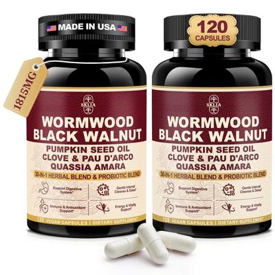 30-in-1 Wormwood Black Walnut Cleanse Capsules Advanced Detox for Adults - Natural Gut Cleanse with Soursop, Pumpkin Seed, PAU D'Arco, Probiotic Blend,Oregano & Garlic Vegan 120CT, 99% Absorption