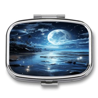 Moon Over Ocean Pill Case 2 Compartments Small Pill Box with Mirror Square Medicine Travel Pill Organizer Pocket Purse Medicine Vitamin Organizer for Fish Oil, Supplements