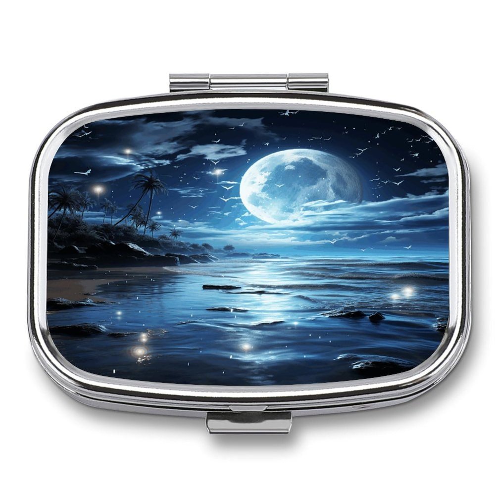 Moon Over Ocean Pill Case 2 Compartments Small Pill Box with Mirror Square Medicine Travel Pill Organizer Pocket Purse Medicine Vitamin Organizer for Fish Oil, Supplements