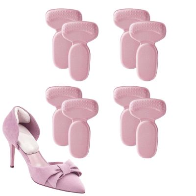 4 Pairs Pink Ultra-Thin T-Shaped Heel Pads, Strong Adhesive Waterproof Cushion Grips, Anti-Slip Inserts for Loose High Heels, Dress Shoes & Sneakers
