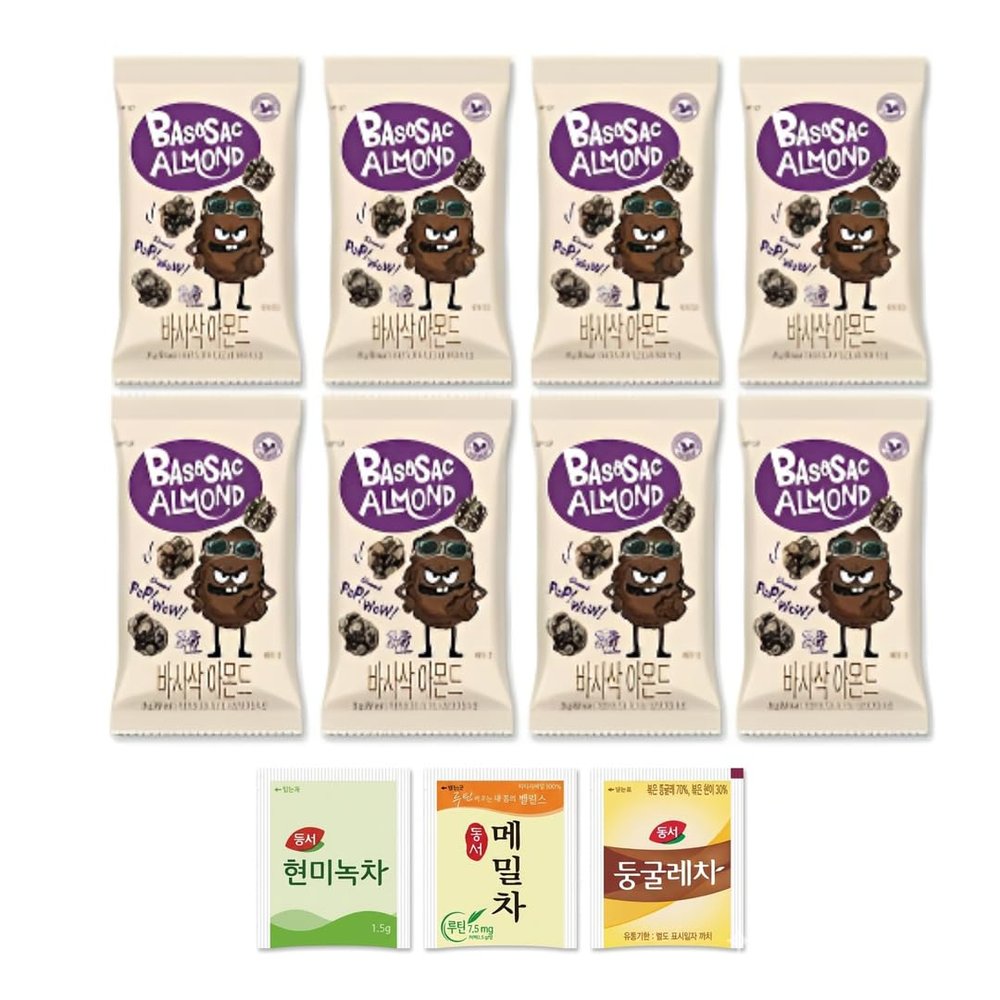 Basasac Almond Snack (8 Packs) with 3 Korean Tea Bags - Crunchy Chocolate Coated Almond Gift Set | Korean Snack Variety Pack