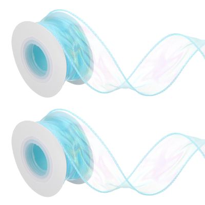 DEFANEX 2 Pcs Laser Organza Ribbon (1.57 Inch x 9 Yards) - Shimmer Sheer Organza Ribbons, for DIY Craft Gift Wrapping Bow Bouquet Christmas Tree Decoration, Blue