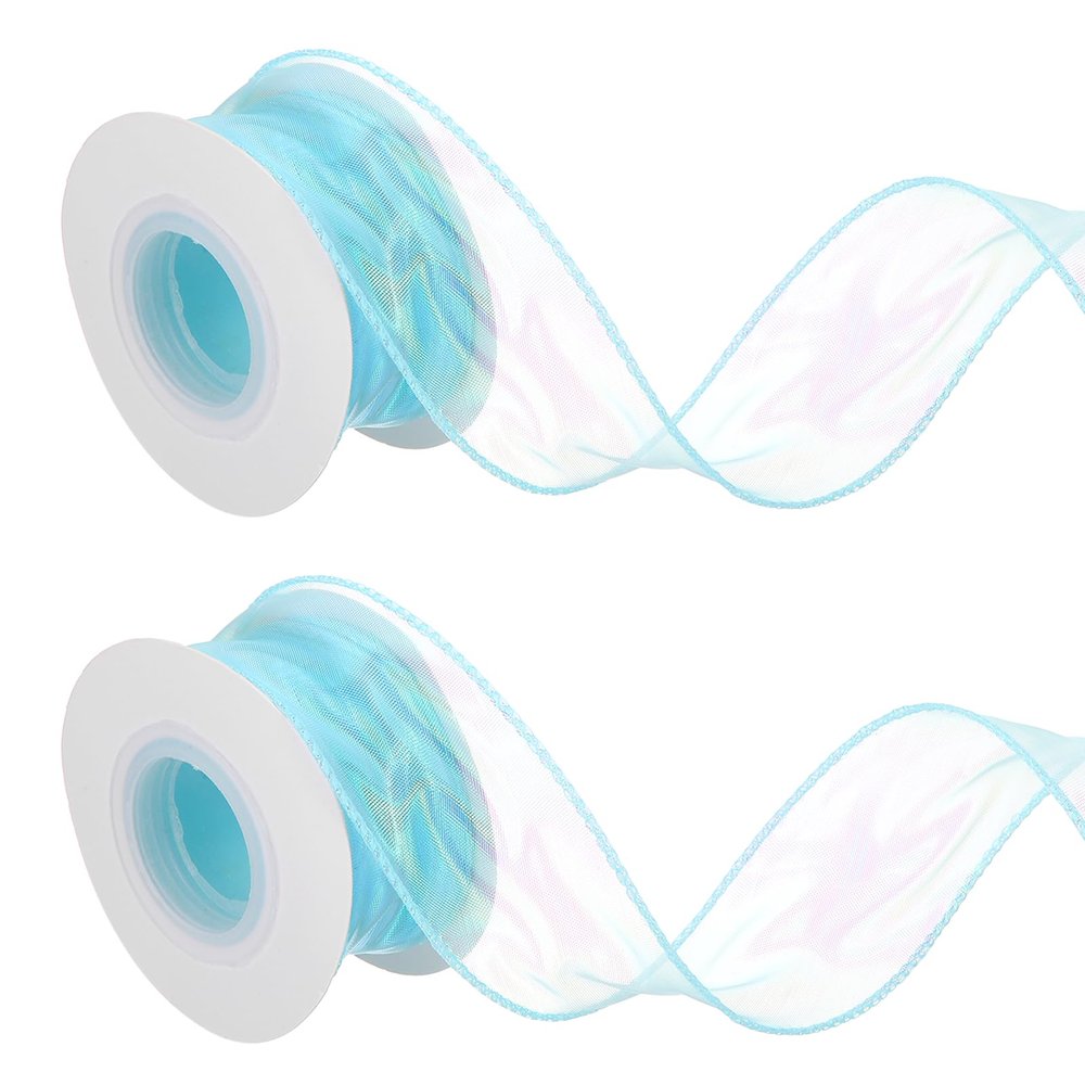 DEFANEX 2 Pcs Laser Organza Ribbon (1.57 Inch x 9 Yards) - Shimmer Sheer Organza Ribbons, for DIY Craft Gift Wrapping Bow Bouquet Christmas Tree Decoration, Blue