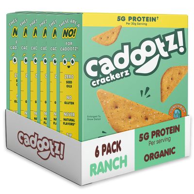 cadootz! Organic Kids Protein Crackers - 5g Protein Snack, Gluten Free, No Seed Oils, No Artificial Dyes - Healthy School Lunch Snack for Kids - 6 Pack (Ranch - 6 Pack)
