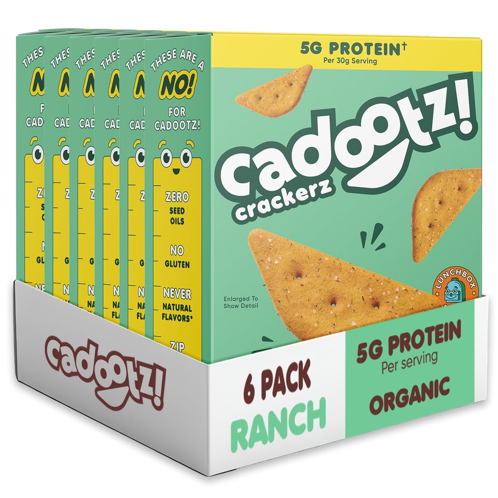 cadootz! Organic Kids Protein Crackers - 5g Protein Snack, Gluten Free, No Seed Oils, No Artificial Dyes - Healthy School Lunch Snack for Kids - 6 Pack (Ranch - 6 Pack)