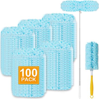 100Pcs Duster Refill Compatible with Swiffer Hand Duster +4FT Extended Handle +1 Handle, 360 Heavy Duty Duster Refills Kit for Cleaning, Office, Ceiling Fan, Baseboard & Blind