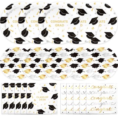 100PCS Graduation Plates and Napkins Set, Black and White Graduation Decorations includes Congrats Grad Plates Class Of 2026 Plates and Napkins, for College High School Graduation Party, Serve 25