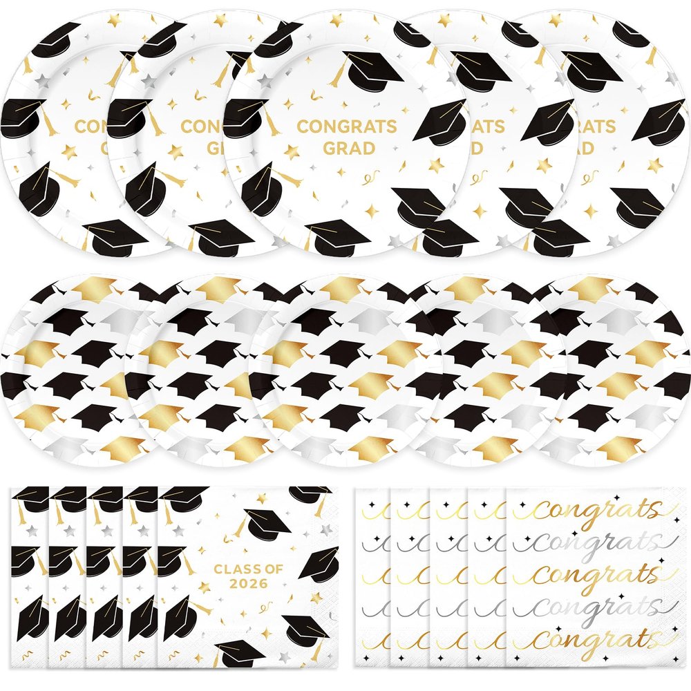 100PCS Graduation Plates and Napkins Set, Black and White Graduation Decorations includes Congrats Grad Plates Class Of 2026 Plates and Napkins, for College High School Graduation Party, Serve 25