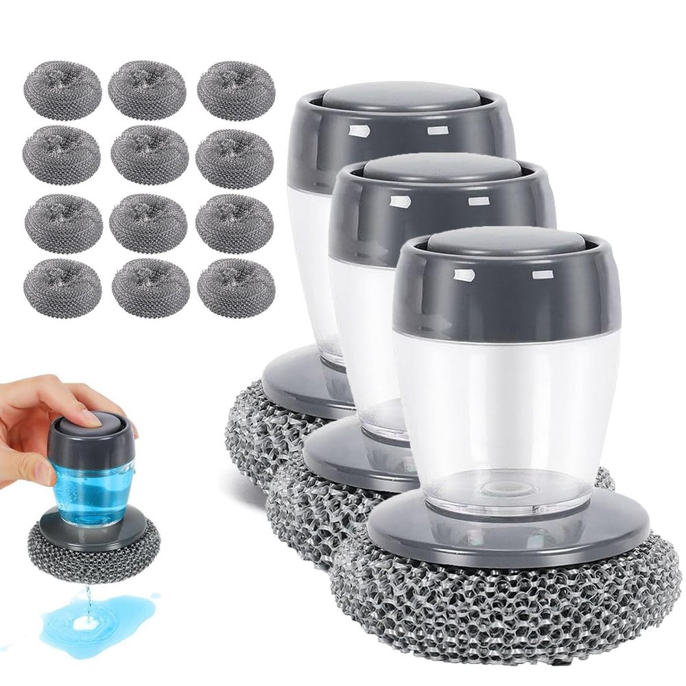 2026 New Comfort Grip Soap Dispensing Kitchen Scrub with 4 Cleaning Balls, Soap Dispensing Dish Brush, Replaceable Cleaning Brush, for Cleaning Dishes, Pots, Pans & Sinks (3pcs)