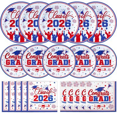 100PCS Graduation Plates and Napkins Set, Blue and Red Graduation Decorations includes Congrats Grad Plates Class Of 2026 Plates and Napkins, for College High School Graduation Party, Serve 25