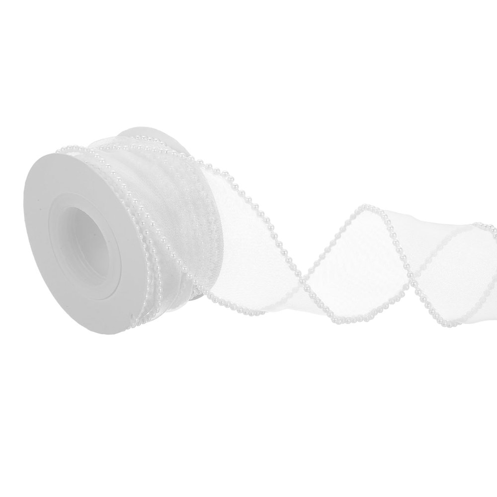 DEFANEX Sheer Organza Wired Ribbon (1.57 Inch x 5 Yards) - Artificial Pearl Beaded Edges Ribbons, for Gift Wrapping Bows Bouquet Christmas Wedding Party Decor, White