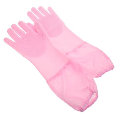 Adorainbow Reusable Long Kitchen Dishwashing Gloves for Washing Dishes and Household Cleaning, Heat-resistant Pink Silicone Gloves for Multi-purpose Use