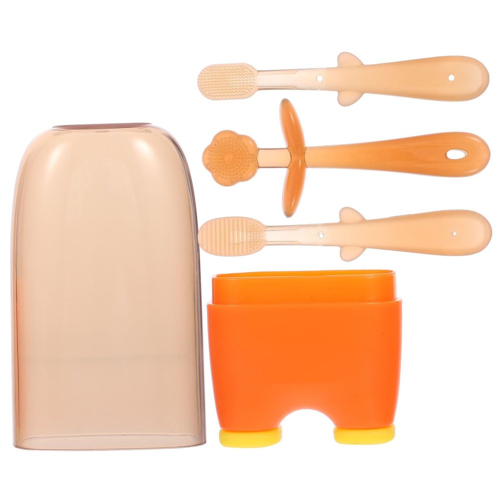 YOSADIER Silicone Toothbrush Set 3pcs for Infants Newborn Oral Cleaner Tongue Cleaner in Warm Orange, Soft Tongue Brush for Oral Care