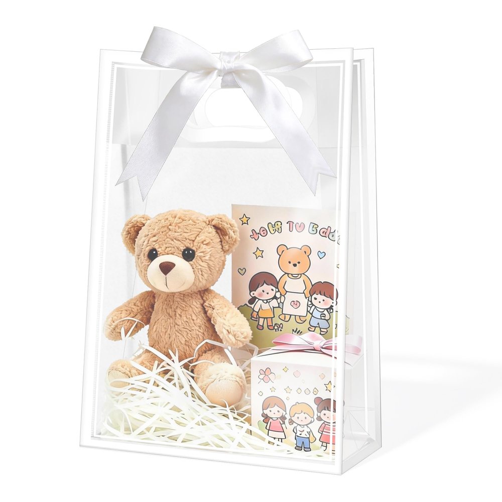 12 Pack Clear Plastic Gift Bags with Handles, 7x10x3.15 in Reusable Clear Party Favor Bags, Classic Hard-Sided Small Gift Bag with White Ribbon for Treats, Goodies, Snacks at Baby Shower, Wedding