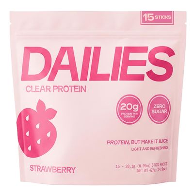 DAILIES Clear Protein Powder, Sugar Free Flavor, 20g Whey Isolate & 100 Calories per Serving, Light & Refreshing Protein Shake Drink Mix for Pre or Post Workout, 15 On the Go Stick Packs (Strawberry)