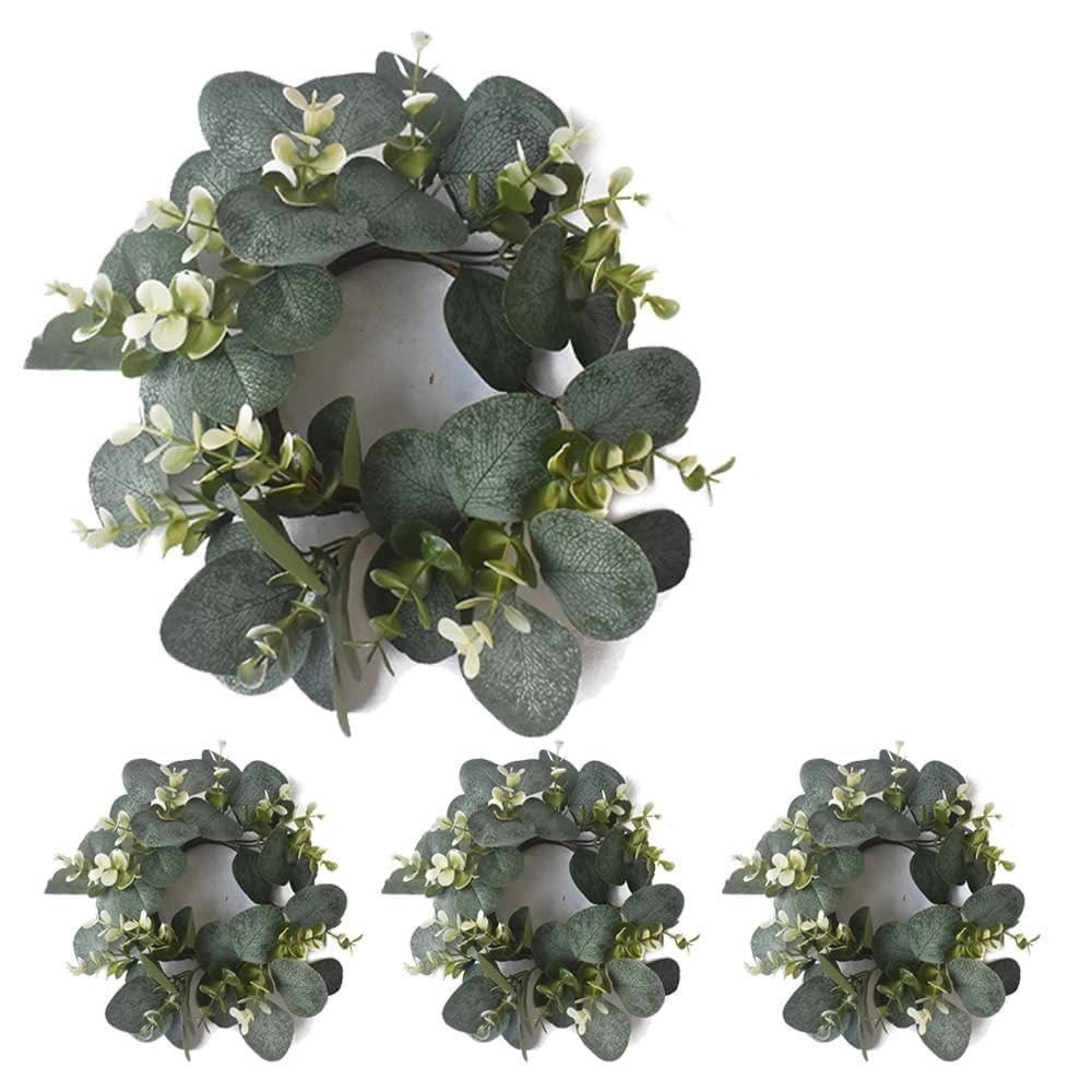Dioche 4pcs Artificial Eucalyptus Candle Wreath for Holiday Wedding Party Wall and Door Hanging Decorations in Green