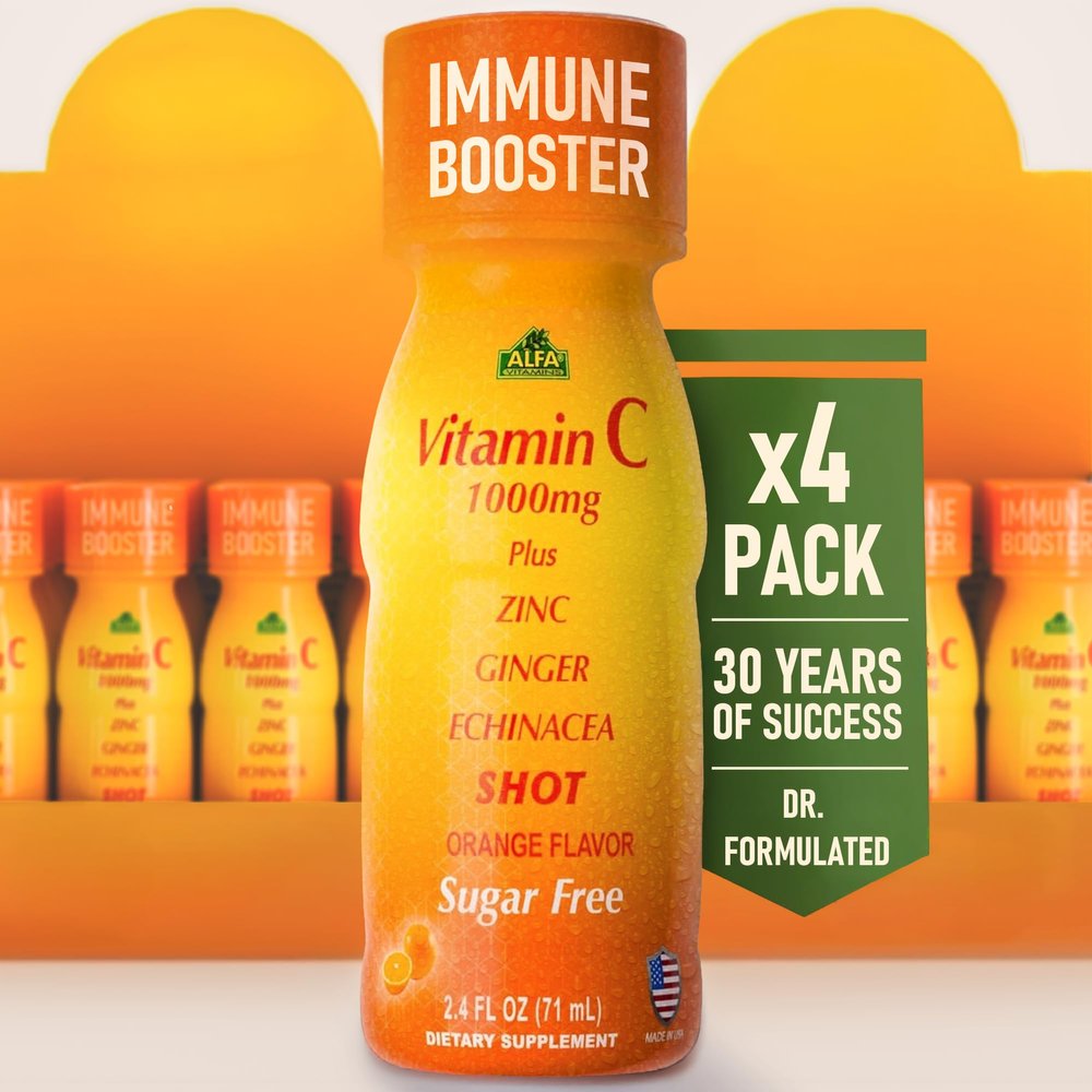 ALFA VITAMINS Vitamin C Shot 1000mg with Zinc, Ginger & Echinacea Supports Immune Health & Daily Wellness Orange Flavor 2.4 FL Oz Bottle 4 Pack