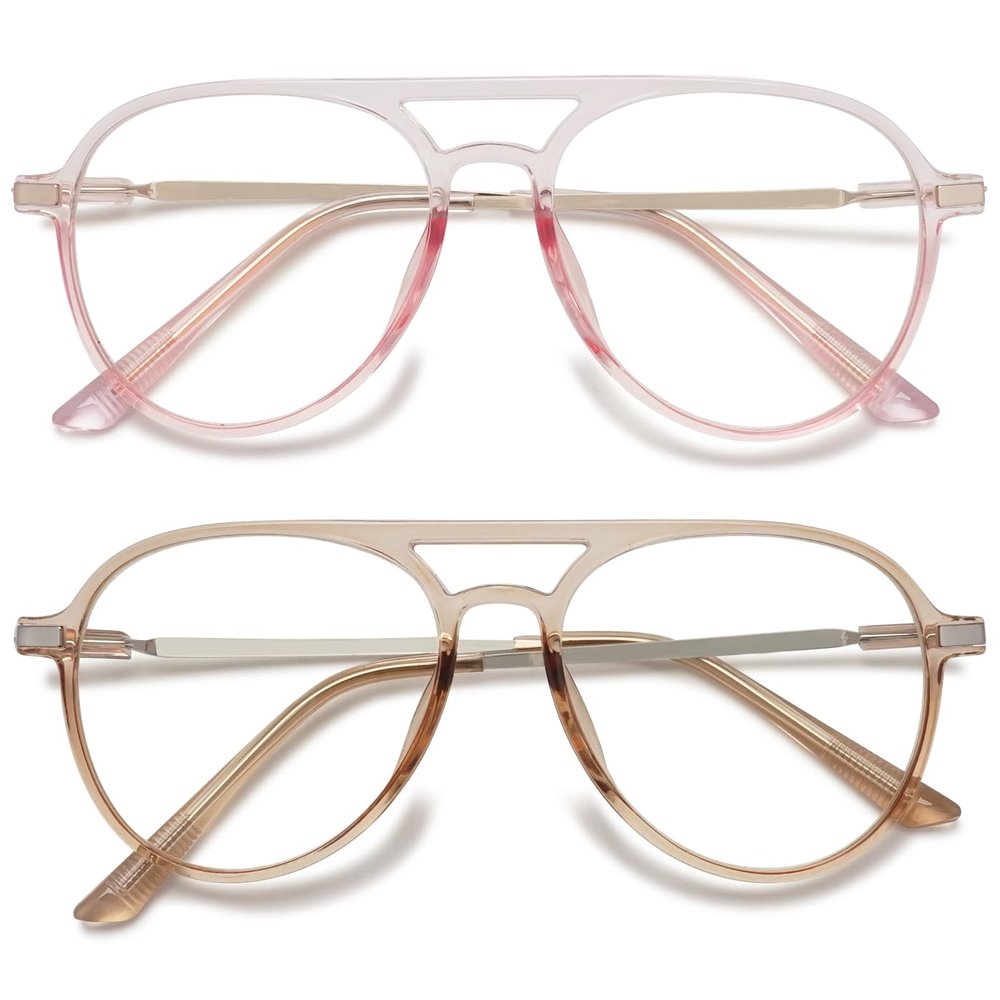 ABETOS Aviator Reading Glasses for Women Men Blue Light Blocking Oval Retro Fashion Double Bridge Computer Reader, Clear Pink Clear Brown+2.0