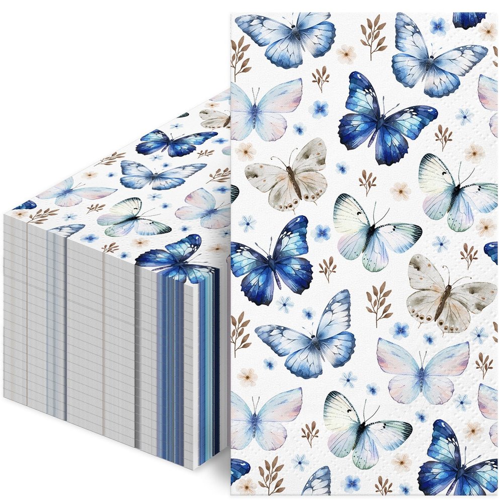 100Pcs Butterfly Floral Guest Napkins, Decorative Hand Towels Disposable Paper Butterfly Flower Garden Blossom Wildflowers Bathroom Towel