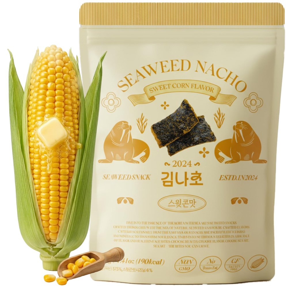 Korean Food Seaweed Nachos (Sweet Corn Flavor), 1.41oz (40g) Low-Sugar, Guilt-Free Asian Snacks, Gluten-Free, Non-GMO Crispy Seaweed Chips, Kim-Bugak