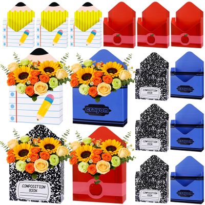 12 Pcs Teacher Appreciation Gifts Teacher Gift Boxes Florist Bouquet Envelope Boxes Stripe Paper School Teacher Floral Envelope Gift Boxes,Back to School Flower Bouquet Packaging Gift Box Wrapping for Party Favors