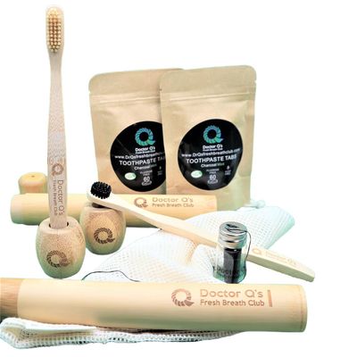 Dr. Q's Fresh Breath Club Standard Adult Starter Kit Bamboo Toothbrush, Toothpaste Tabs & Complete Oral Care Grey
