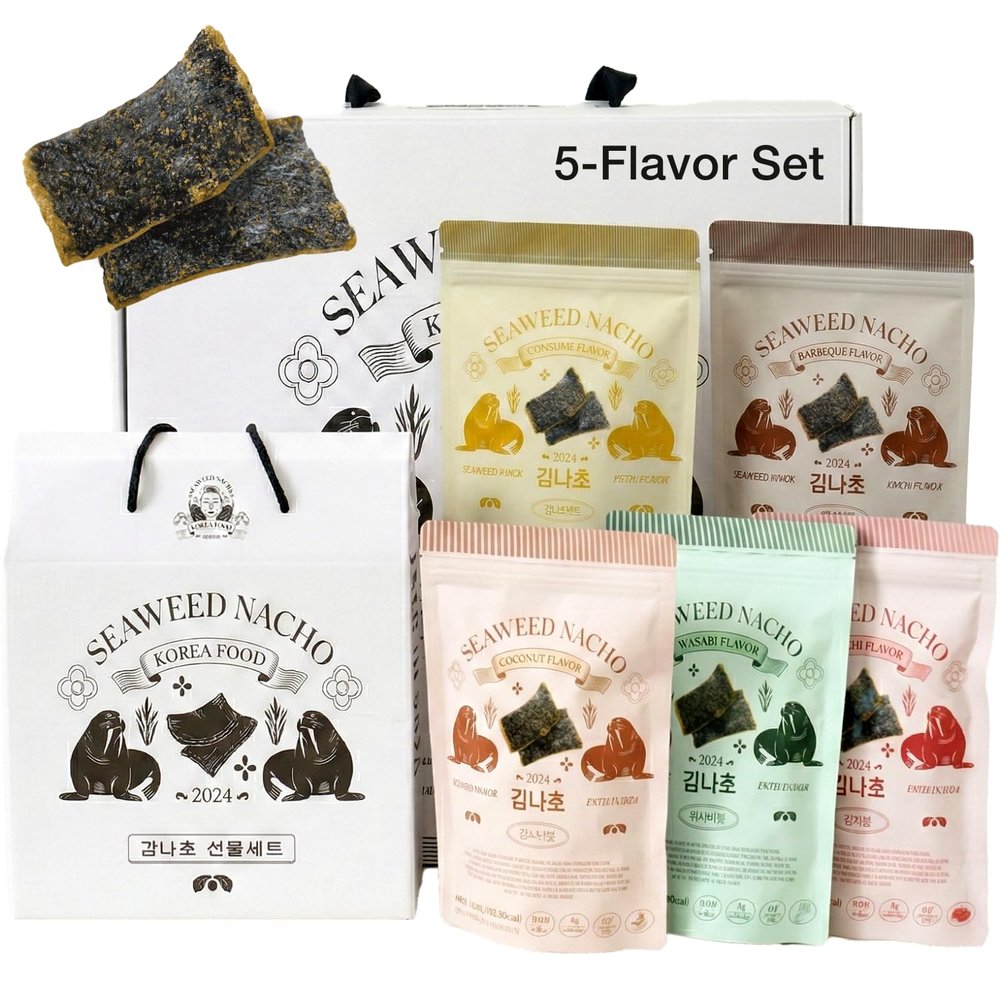 Korean Food Seaweed Nachos Variety Pack (5-Flavor Bundle) - Kimchi, Sweet Corn, BBQ, Wasabi, Chili Crab, 1.41oz x 5 Packs | Crispy Kim-Bugak Chips, Non-GMO & Gluten-Free Healthy Asian Snacks