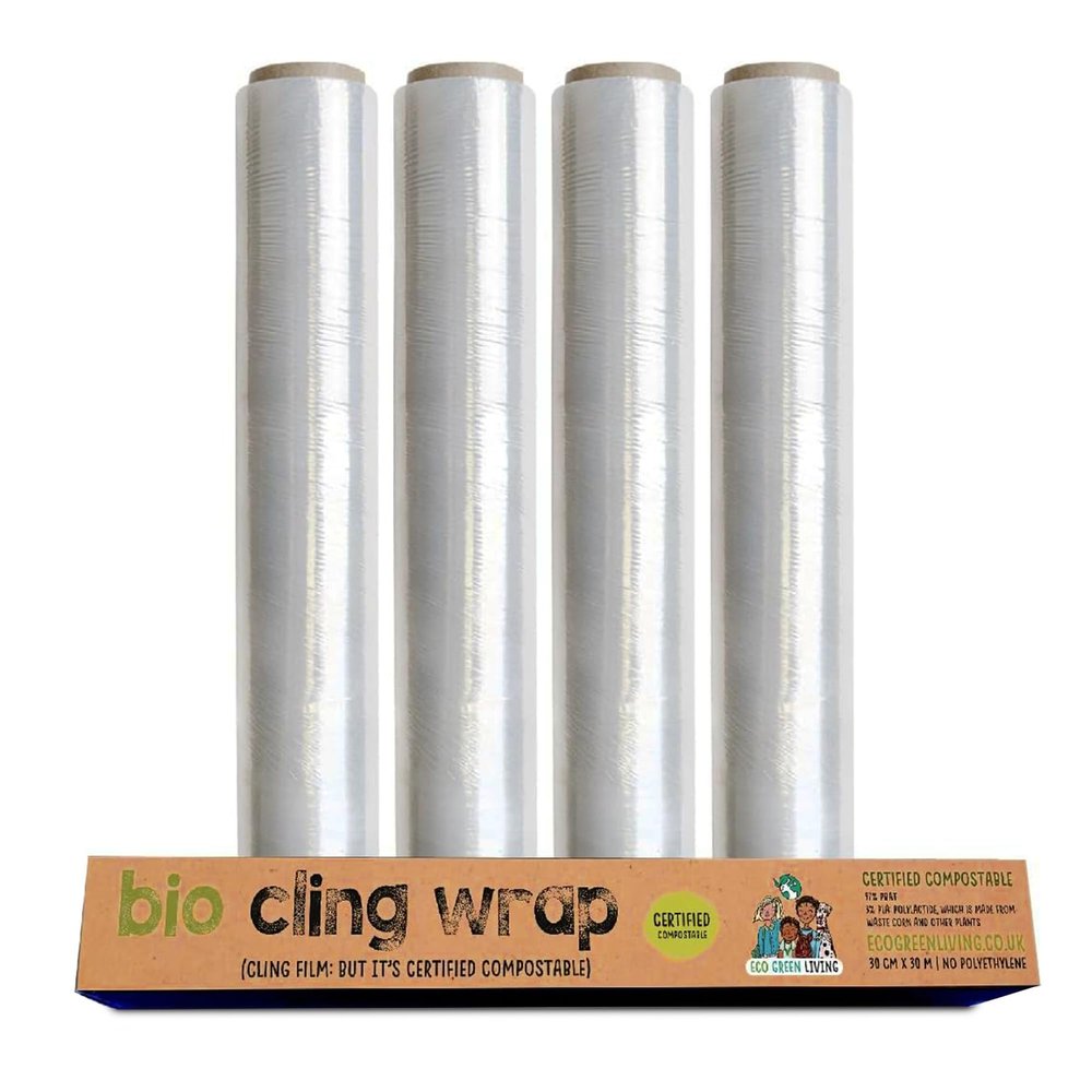 Eco Green Living Biodegradable Cling Film Bio Cling Wrap 100% Compostable, BPA & Plastic-Free Food Wrap, Vegan, Fridge & Freezer Safe, Recyclable Cardboard Dispenser. 4 Pack 30cm x 30m