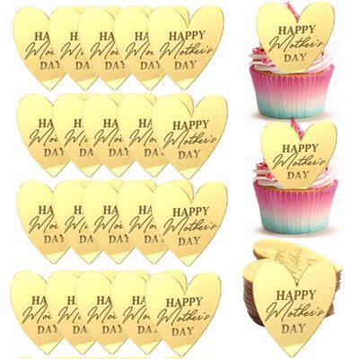 Mother's Day Cupcake Topper Gold Heart Shaped Acrylic Cake Toppers Mirror engrave for Valentine's Day Party Decor 20Pcs