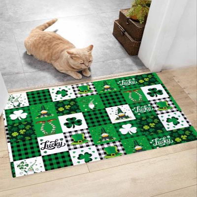 Soft Shag Doormat St. Patrick's Day Lucky Shamrock,Non Slip Bath Rug Absorbent Mat Gnome Horseshoe Retro Plaid,Washable Door Mats Microfiber Runner Carpet for Kitchen,Bathroom,Laundry Entrance