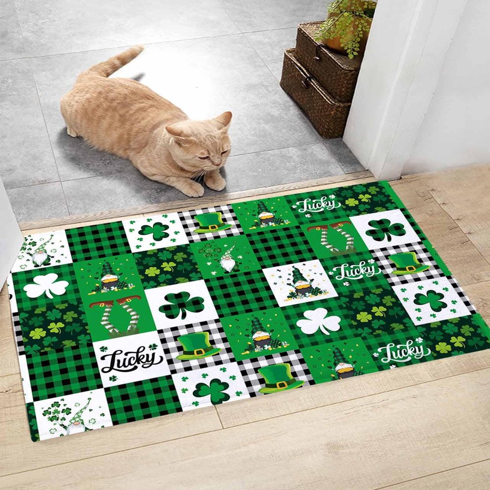 Soft Shag Doormat St. Patrick's Day Lucky Shamrock,Non Slip Bath Rug Absorbent Mat Gnome Horseshoe Retro Plaid,Washable Door Mats Microfiber Runner Carpet for Kitchen,Bathroom,Laundry Entrance