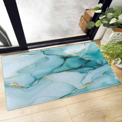 Soft Shag Doormat Abstract Teal Marble Gold Stripe,Non Slip Bath Rug Absorbent Mat Natural Stone Gradient Art,Washable Door Mats Microfiber Runner Carpet for Kitchen,Bathroom,Laundry Entrance