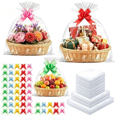 100Pcs Shrink Wrap Bags for Gift Baskets, Large Clear Plastic Heat Shrink Cellophane Bags with 5Color Pull Bows for Halloween Easter Valentine's Day Mother's Day 20"X 28", 16"X 24", 14"X 20"