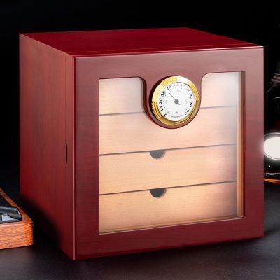 50 Cigar Humidor Tight-Seal Magnetic Door Cigar Case, Cedar Wood Drawer with Hygrometer Humidifiers for Men